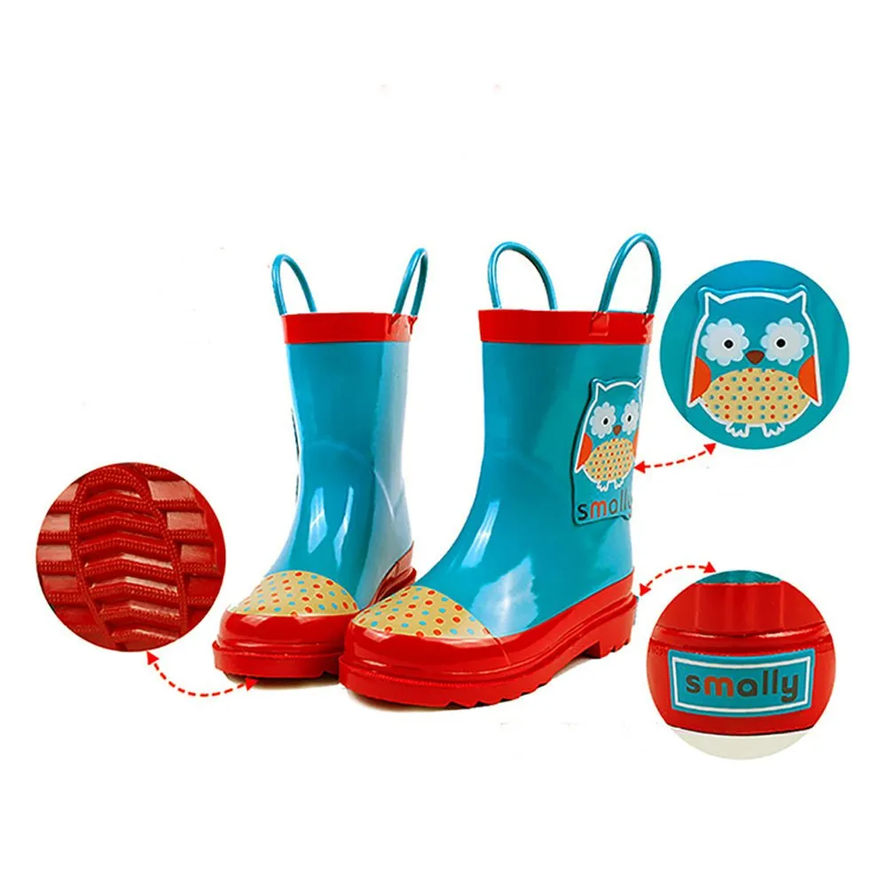 Blue Polka dots Owl Flexible Rubber Rain Gumboots for Toddlers and Kids