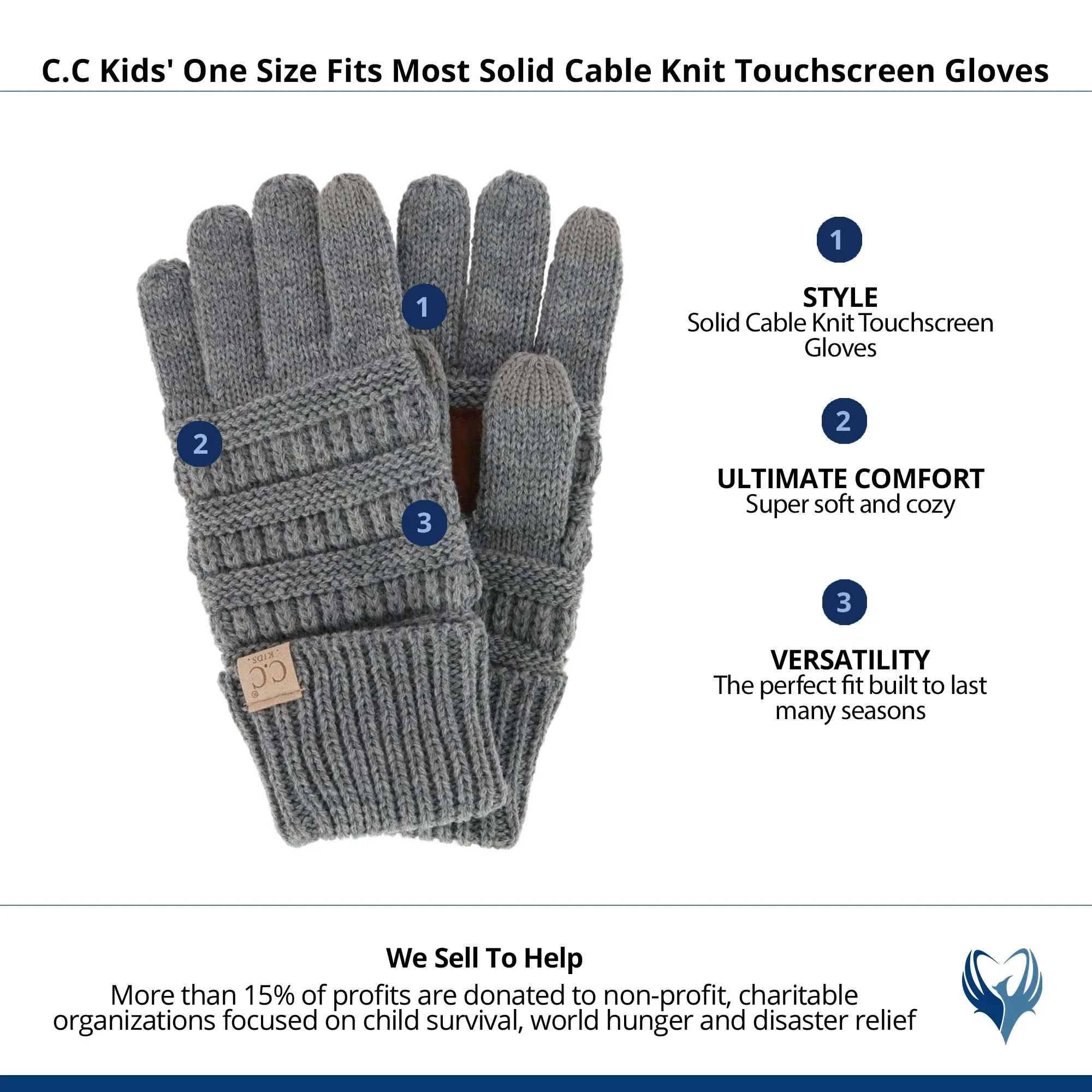 C.C Kids' One Size Fits Most Solid Cable Knit Touchscreen Gloves