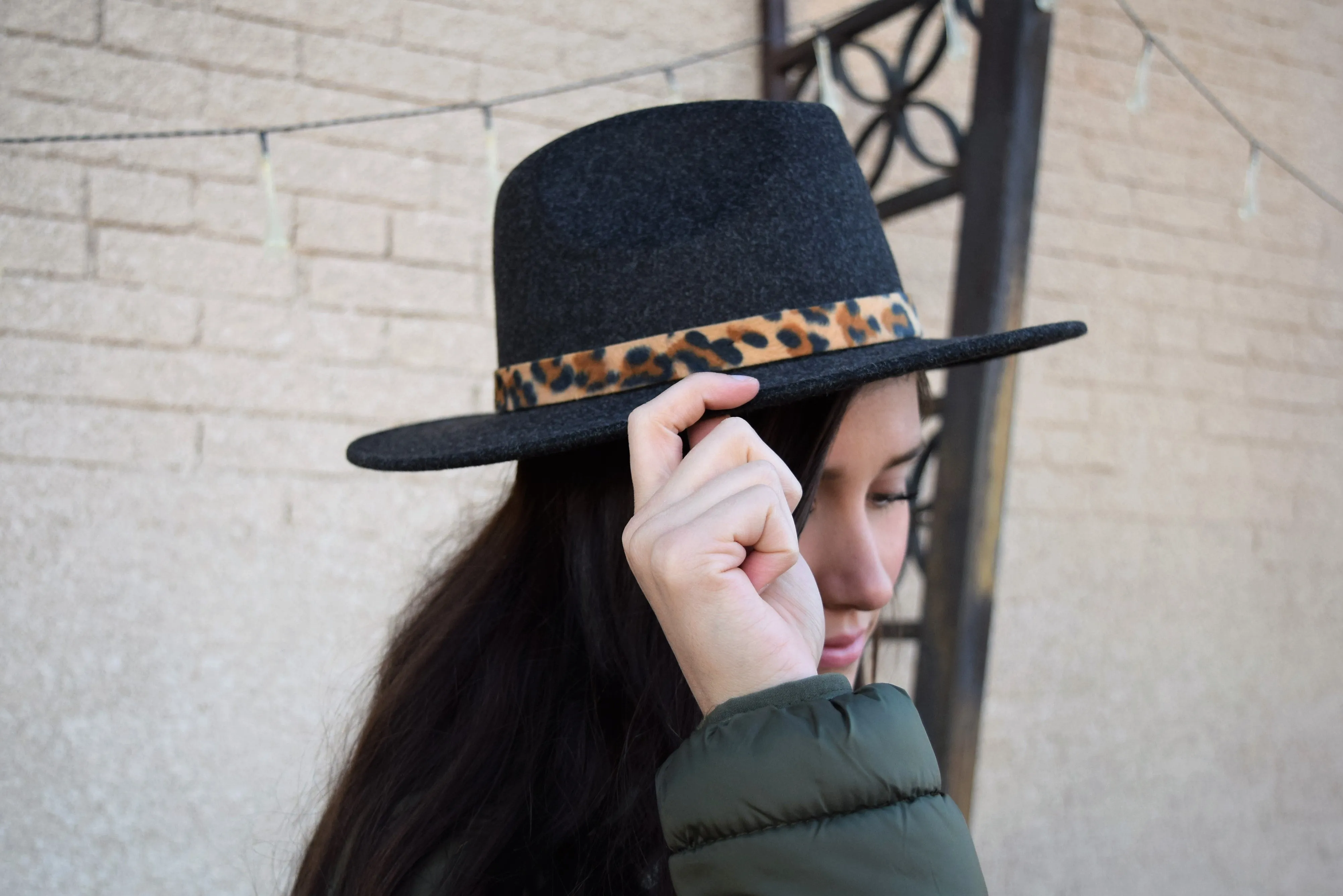 C.C. Leopard Trim Wool Felt Brim Hats