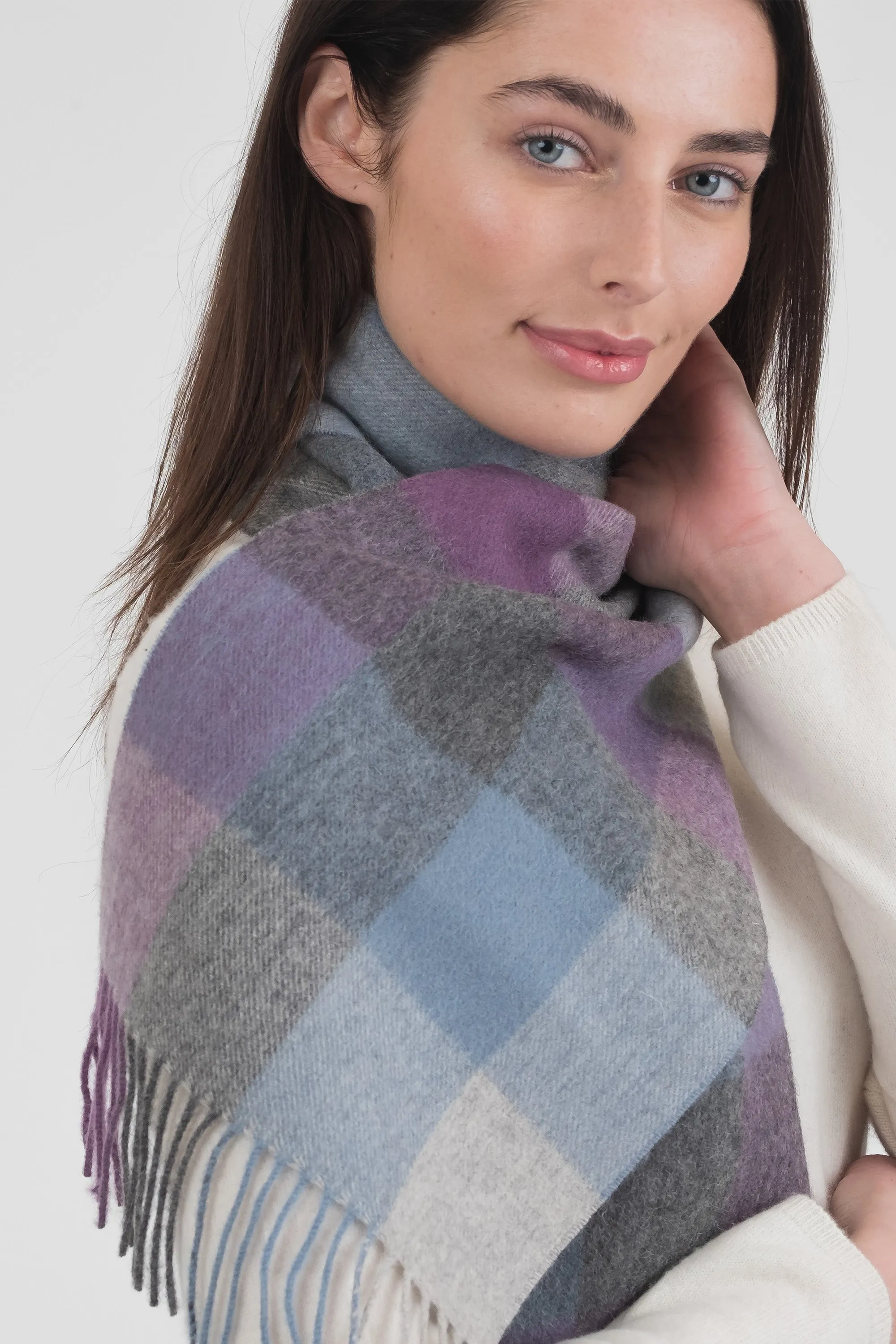 Checkers Lambswool Scarf - Grey Blue