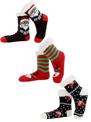 Christmas Holiday Reindeer and Santas Faux Sherpa Slipper Socks For Women