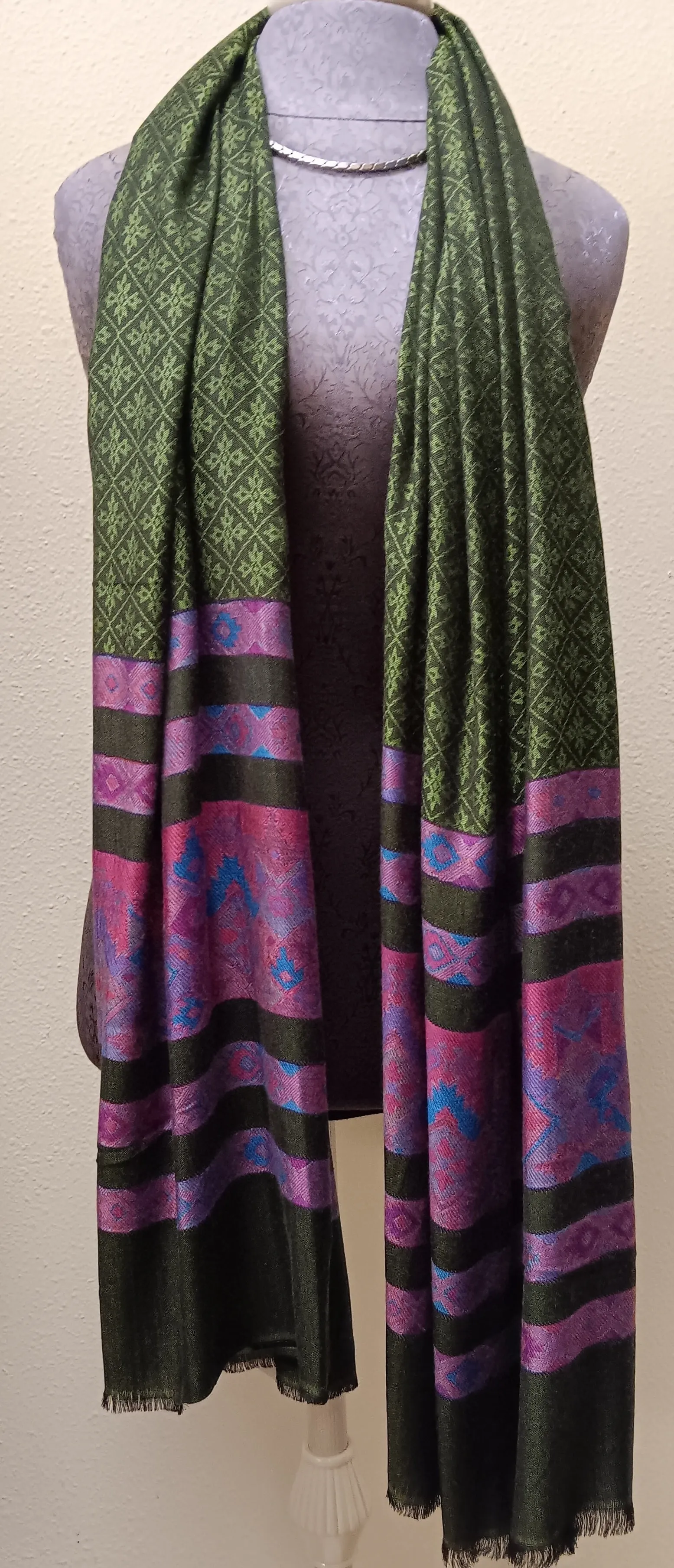 Pashmina with Striped Border ~ Olive Green