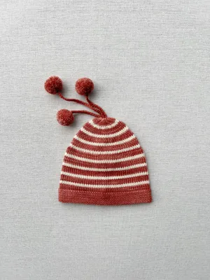 pompom striped beanie in mahogany and cream