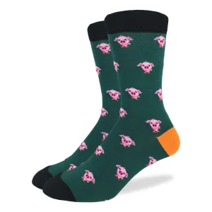 "Green Pigs" Cotton Crew Socks by Good Luck Sock - Large